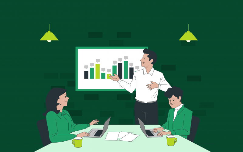 Green and white image of person showing bar graphs statistics to his teammateshs
